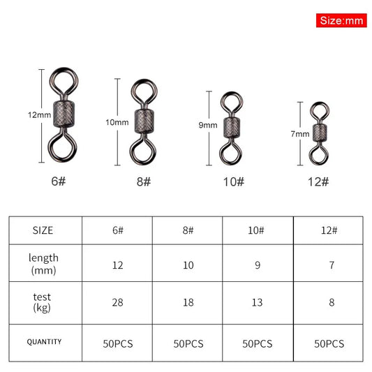 MEREDITH Fiskesvivel med kulelager – 50 stk pakke med sikkerhetslås og solide ringer, rullende svivel for karpefiske