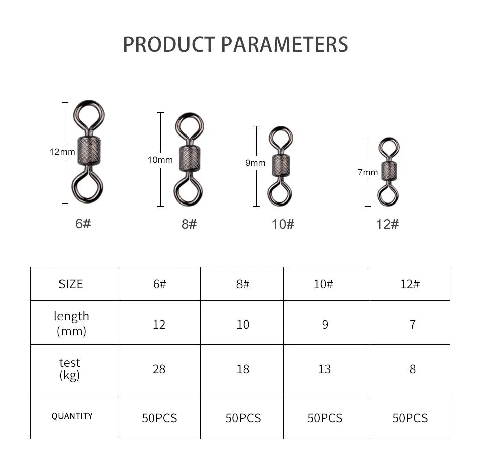 MEREDITH Fiskesvivel med kulelager – 50 stk pakke med sikkerhetslås og solide ringer, rullende svivel for karpefiske