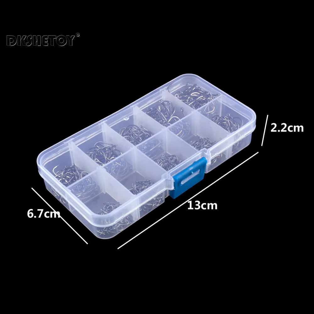 100 & 500 stk kroker med mothake – komplett sett med plastboks for sjø- og ferskvannsfiske